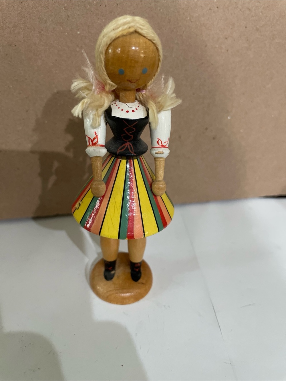 Vtg Poland Wooden Doll Figurine With Hand-Painted Yellow &Red Striped Dress